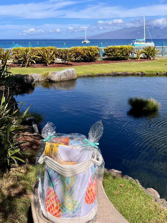tropical gift in pineapple fabric basket at the whaler condo resort in kaanapali maui