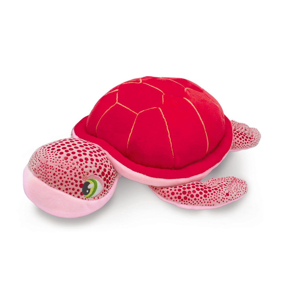Red and pink turtle plush toy on a white background