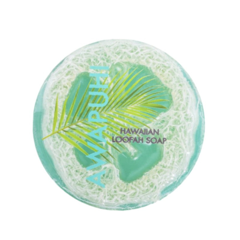 Hawaiian loofah soap with leaf design on a white background