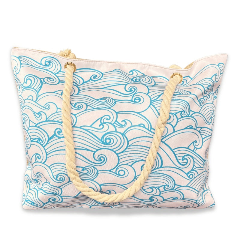 Beach bag with wave pattern and rope handles on a white background