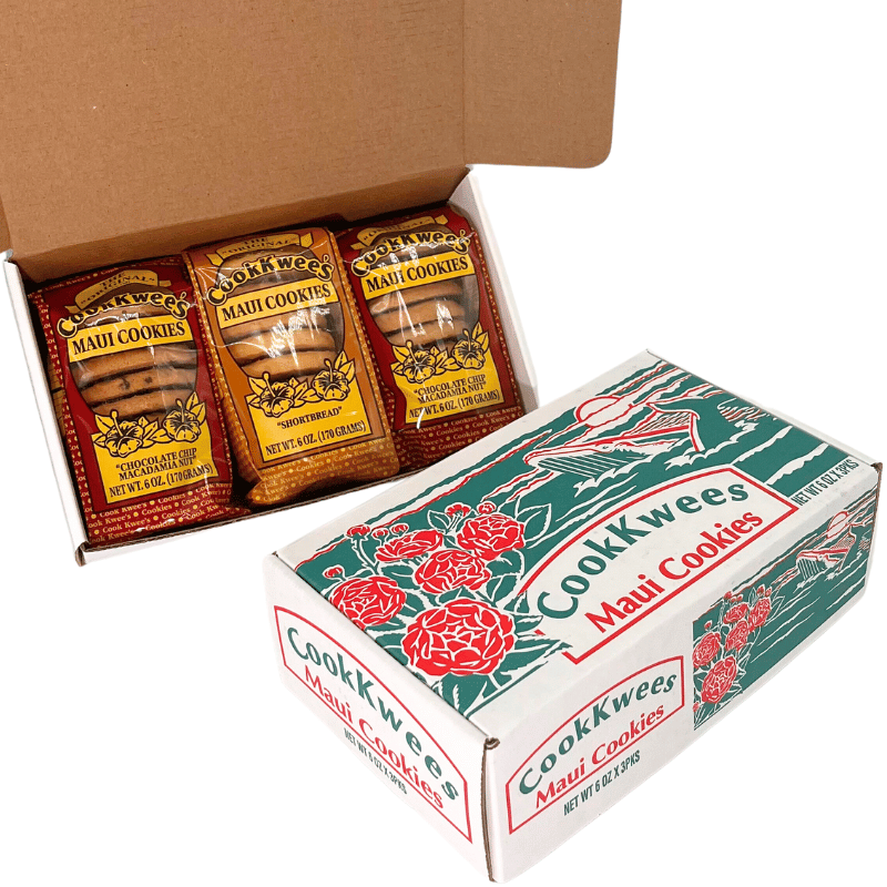 Open box of Cookkwees Maui Cookies with packaging displaying floral design.