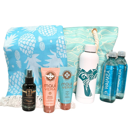 Set of beach-themed products including a bag, sunscreen, water bottles, and a bottle on a white background