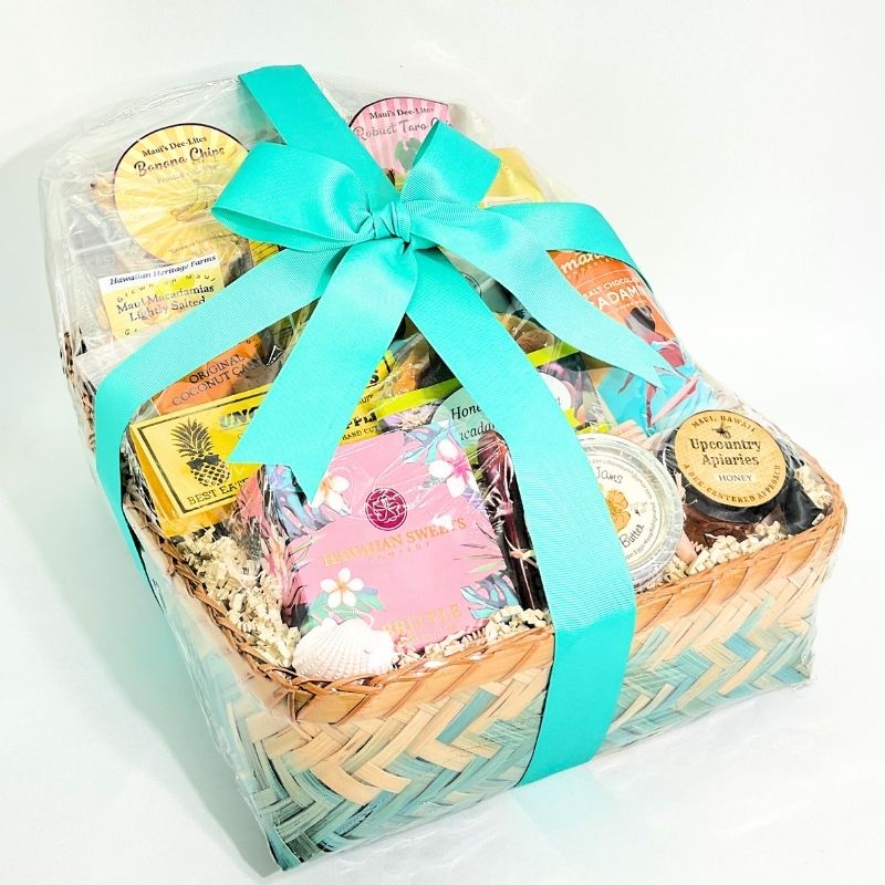 Gift basket with a turquoise ribbon on a white background