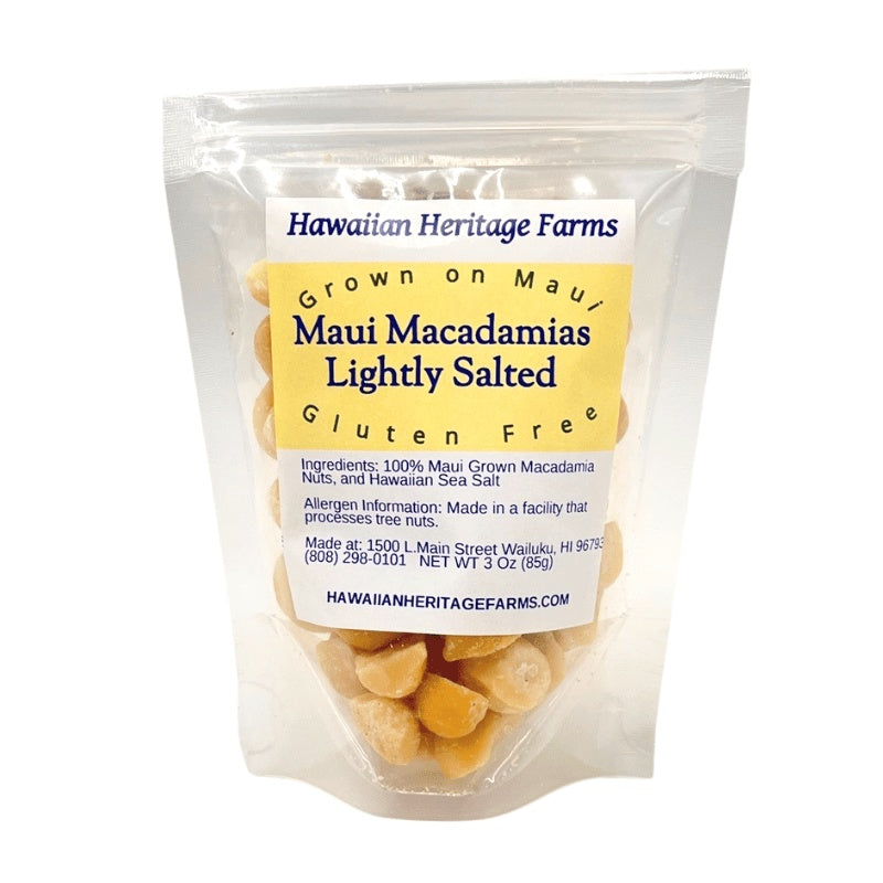 Packaged Maui Macadamias with a label on a white background