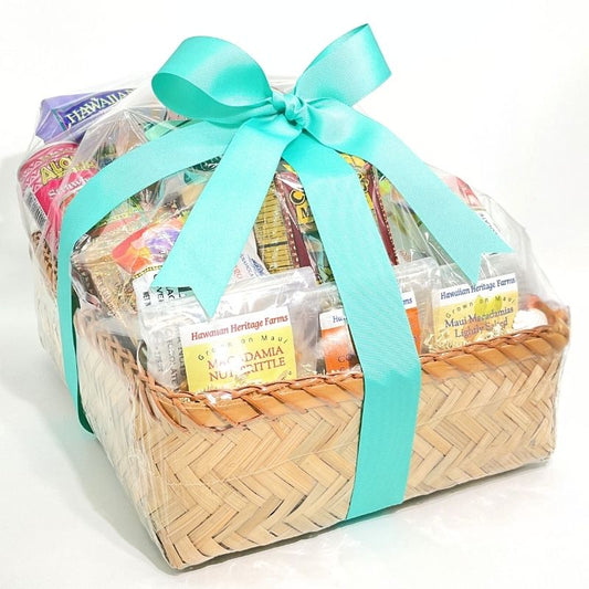 Gift basket with a teal ribbon on a white background