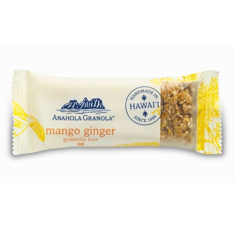 Anahola Granola mango ginger granola bar packaging on a white background