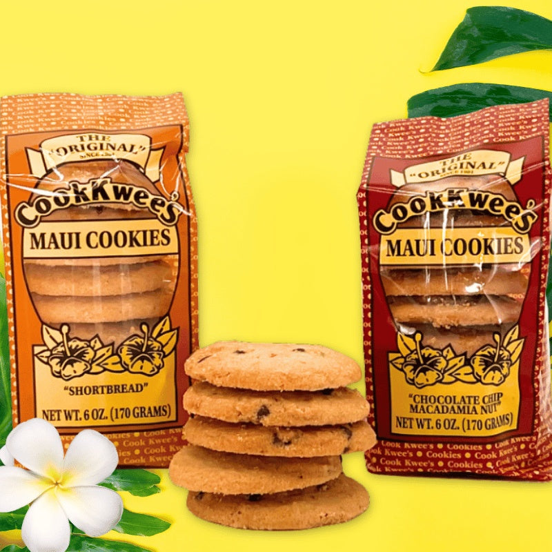 Two packages of Cookkwee's Maui Cookies with cookies in front on a yellow background
