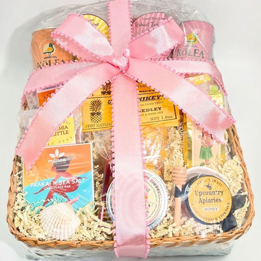 Gift basket with a pink ribbon on a white background