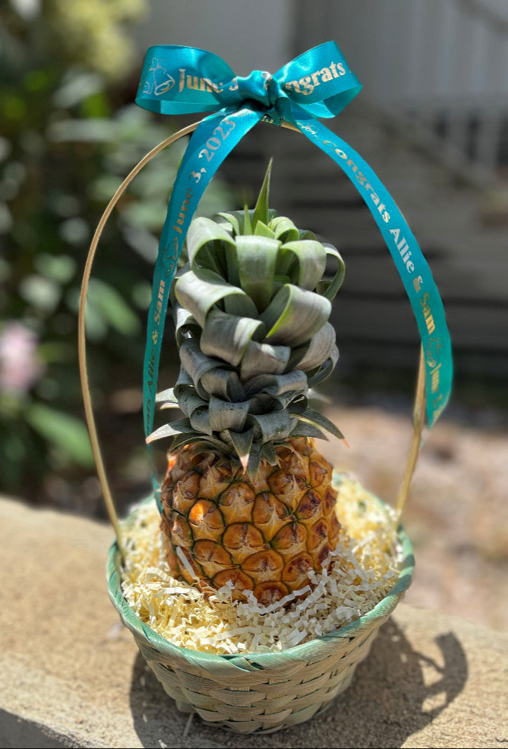 Decorative basket with a pineapple and succulents, tied with a teal ribbon.