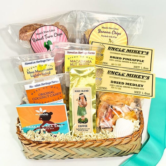 Gift basket with various snacks and products including macadamia nuts, coffee, and dried fruits.