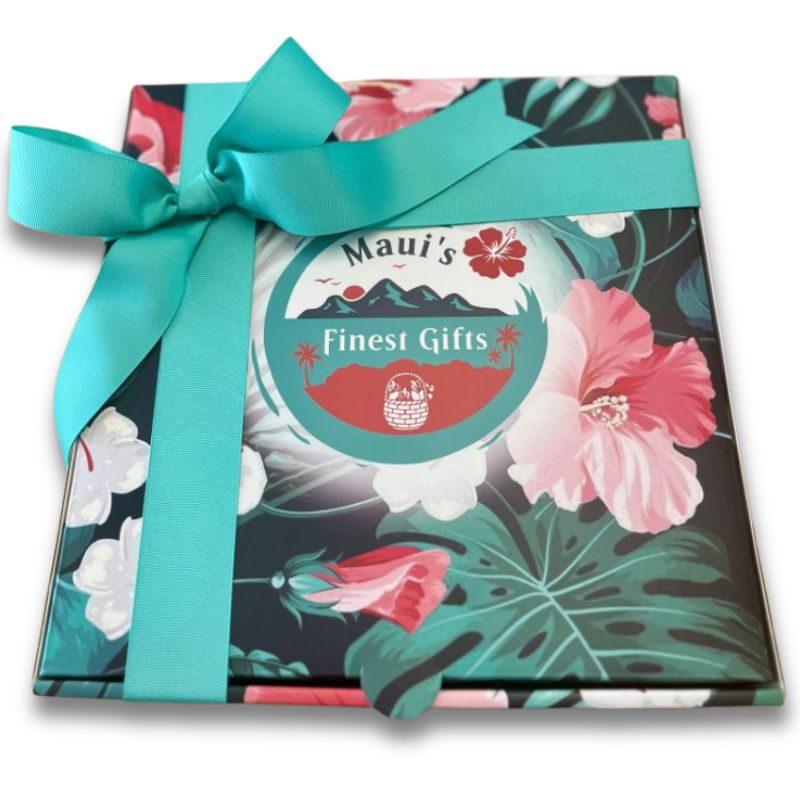 Gift box with floral design and teal ribbon, featuring 'Maui's Finest Gifts' logo.