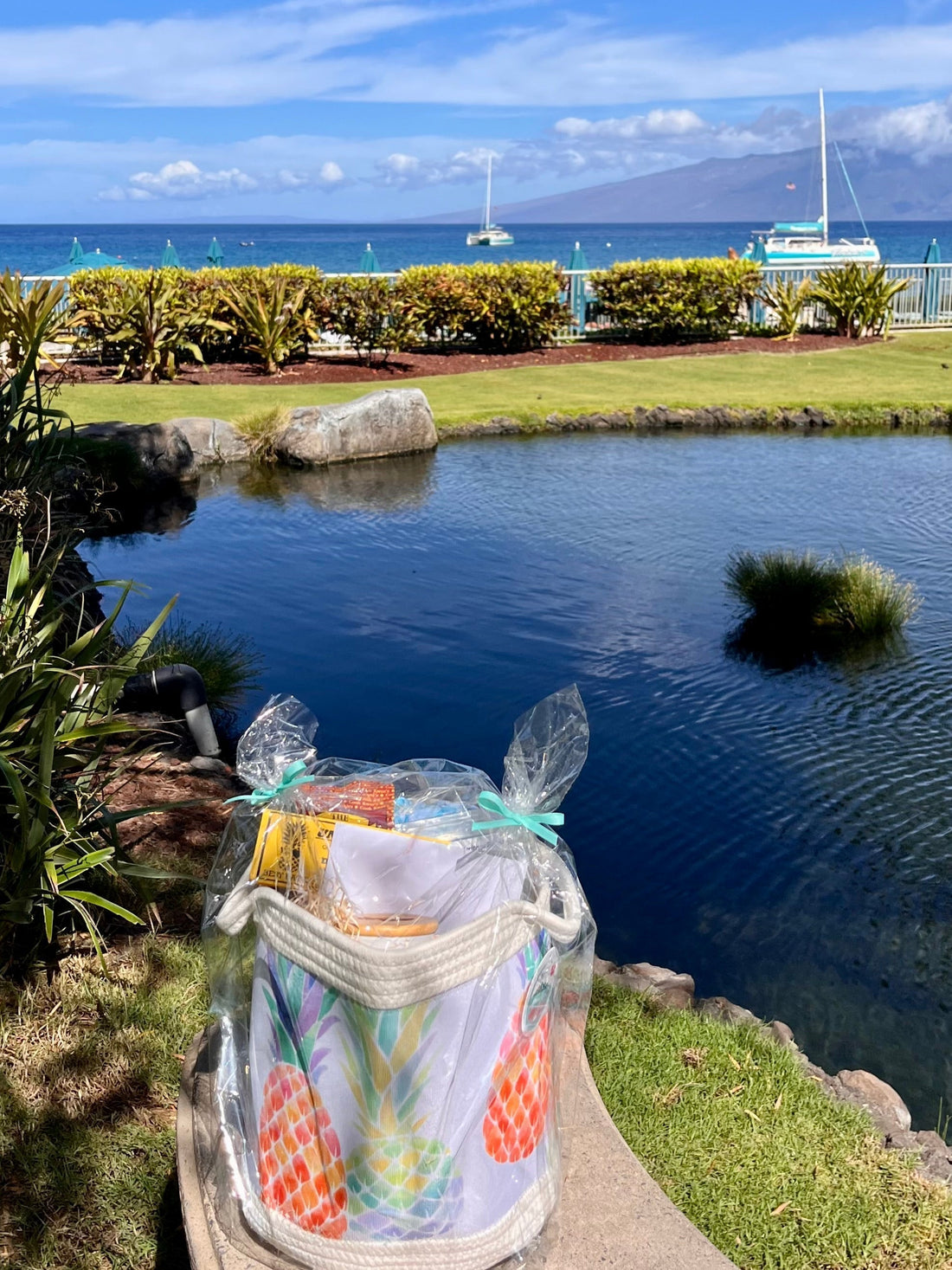 tropical gift in pineapple fabric basket at the whaler condo resort in kaanapali maui
