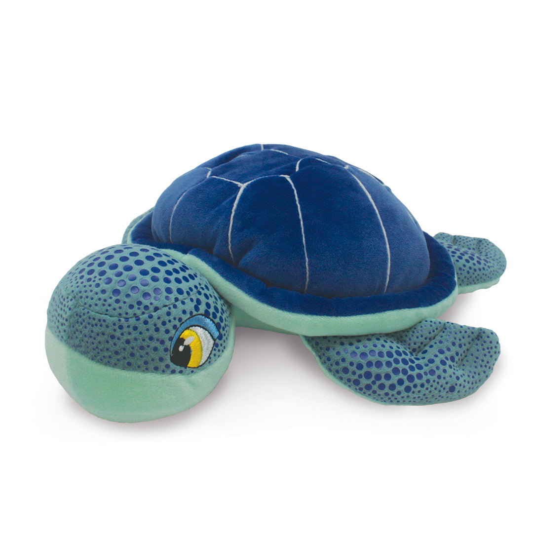Plush turtle toy with blue shell and green body on a white background