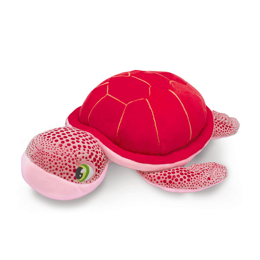 Red and pink turtle plush toy on a white background