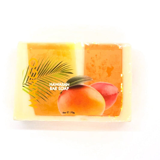 A packaged bar soap with a mango design, accompanied by a leaf motif, presented in a yellow and white box.
