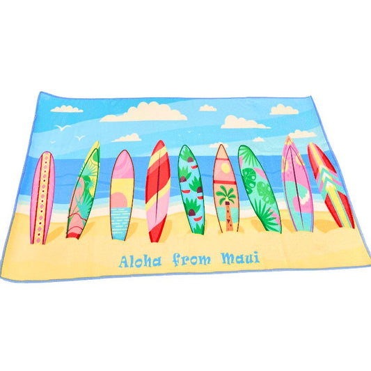 kitchen towel with colorful surfboards and 'Aloha from Maui' text on a sandy beach and blue sky background.