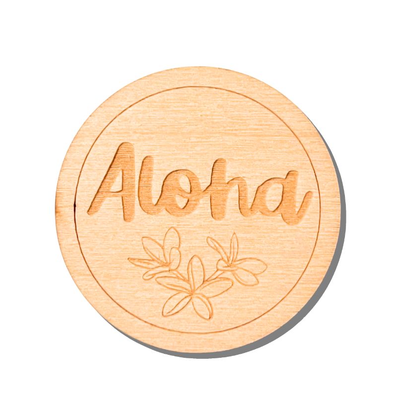 Wooden coaster with 'Aloha' and floral designs on a white background