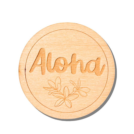 Wooden coaster with 'Aloha' and floral designs on a white background