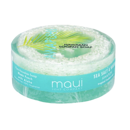 Loofah soap with teal packaging and 'maui soap company' branding on a white background
