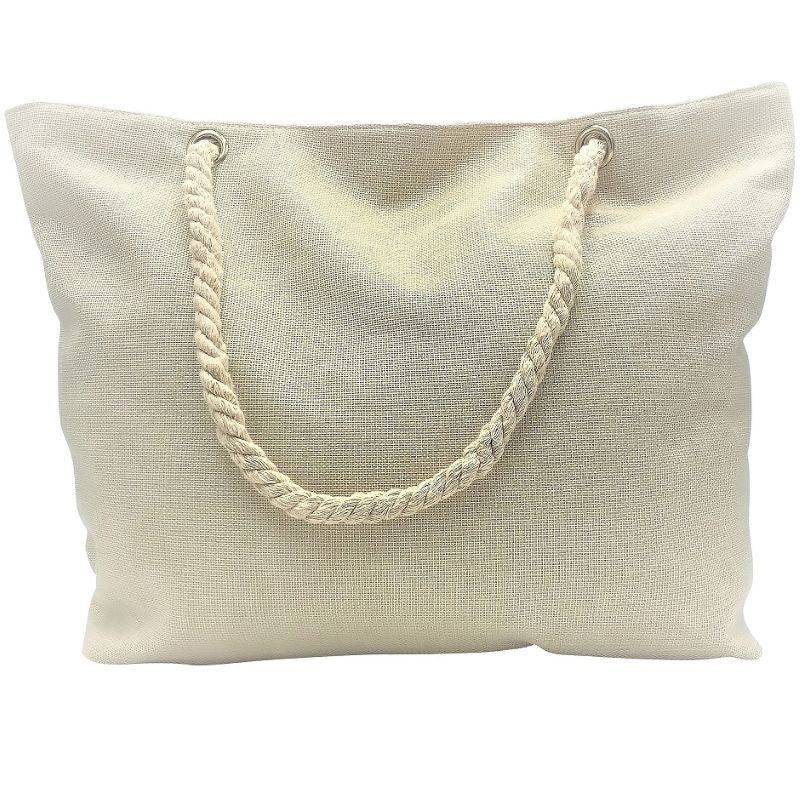 Beige tote bag with rope handles on a white background