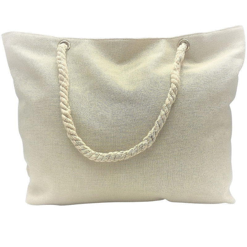 Beige tote bag with rope handles on a white background