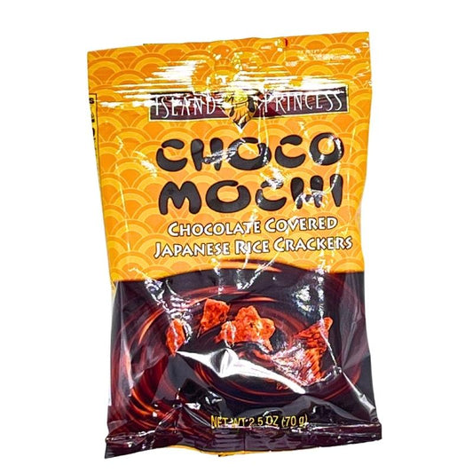 A package of Choco Mochi which is chocolate covered Japanese rice crackers, by Island Princess.