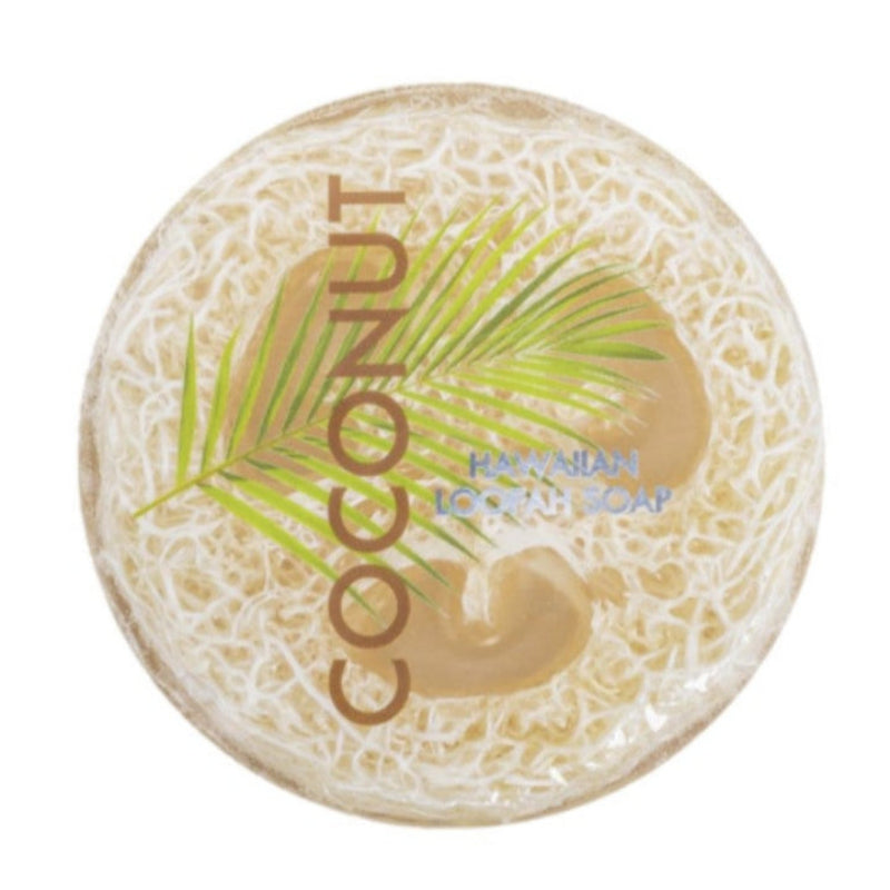 Coconut  hawaiian loofah soap bar with palm leaf design on a white background