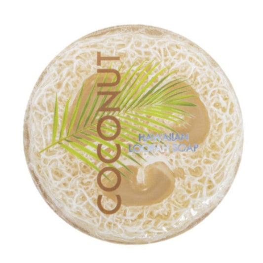 Coconut  hawaiian loofah soap bar with palm leaf design on a white background