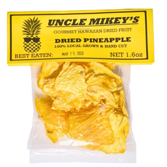Package of Uncle Mikey's dried pineapple with a yellow label.