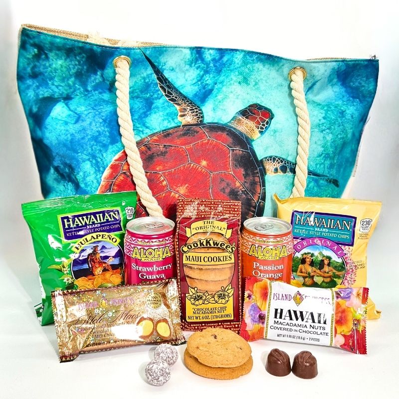 Tote bag with a turtle design and various Hawaiian snacks and cookies on a white background