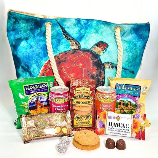 Tote bag with a turtle design and various Hawaiian snacks and cookies on a white background