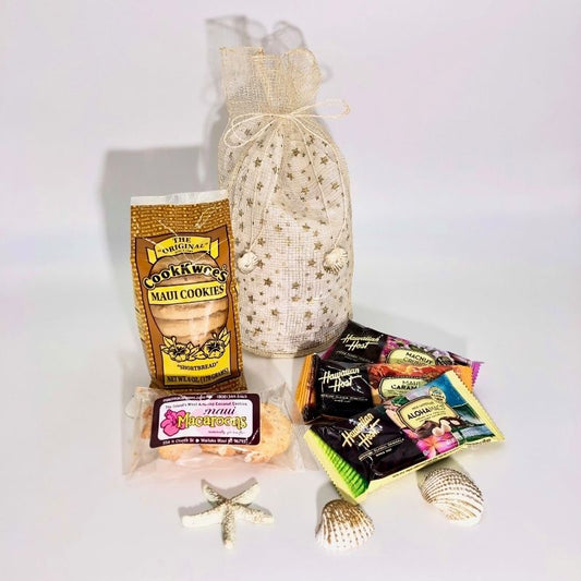 Packaged cookies, a decorative bag, and assorted items on a white background