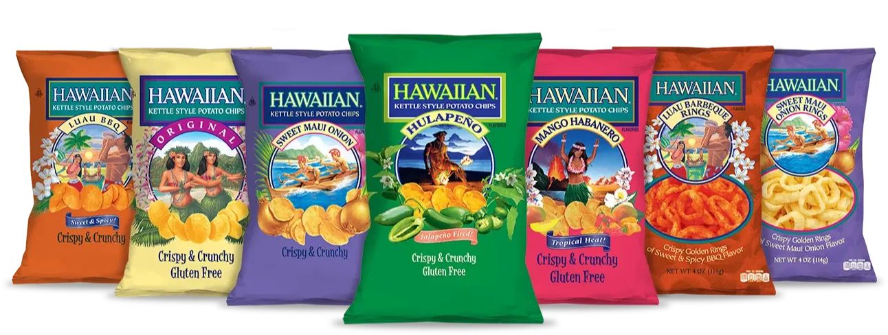 Assorted Hawaiian brand snack packages on a white background