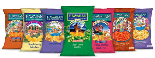 Assorted Hawaiian brand snack packages on a white background
