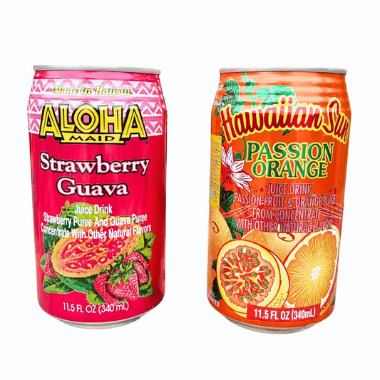 Two cans of juice drinks, one strawberry guava and one passion orange, on a white background.