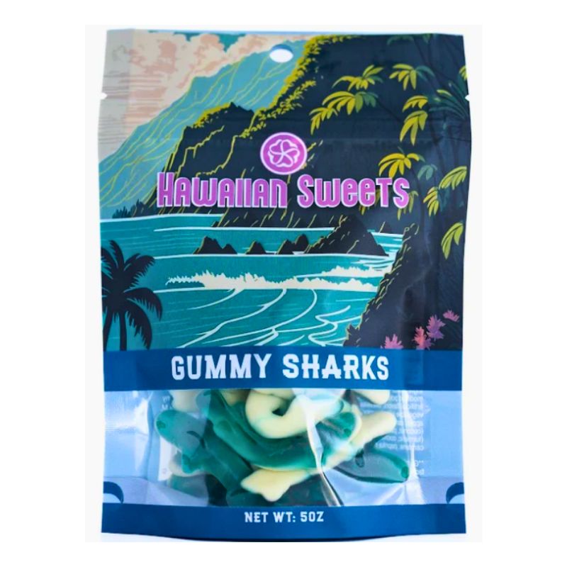 Packaging of Hawaiian Sweets Gummy Sharks with a tropical design on a white background