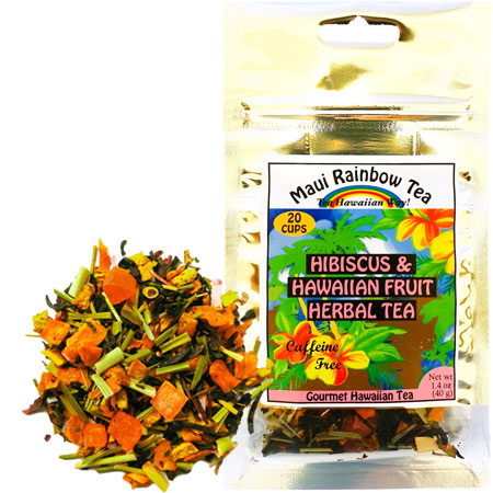 Packaging and loose leaves of a hibiscus and Hawaiian fruit herbal tea blend, with a colorful label indicating 'caffeine free' and 'gourmet Hawaiian tea'.