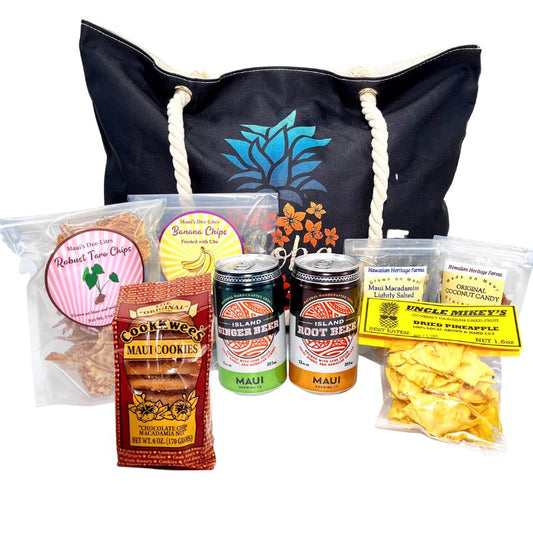 Black tote bag with colorful products including cookies, drinks, and chips on a white background
