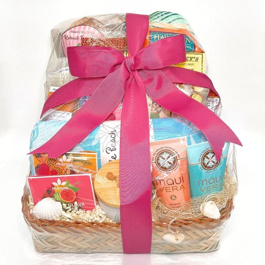 Gift basket with a pink ribbon on a white background