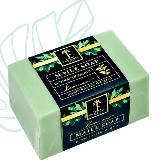 Green bar of soap with a black label on a white background