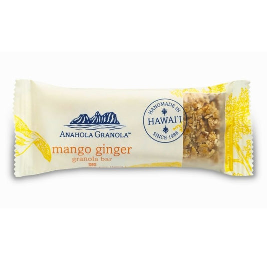 Anahola Granola mango ginger granola bar packaging on a white background
