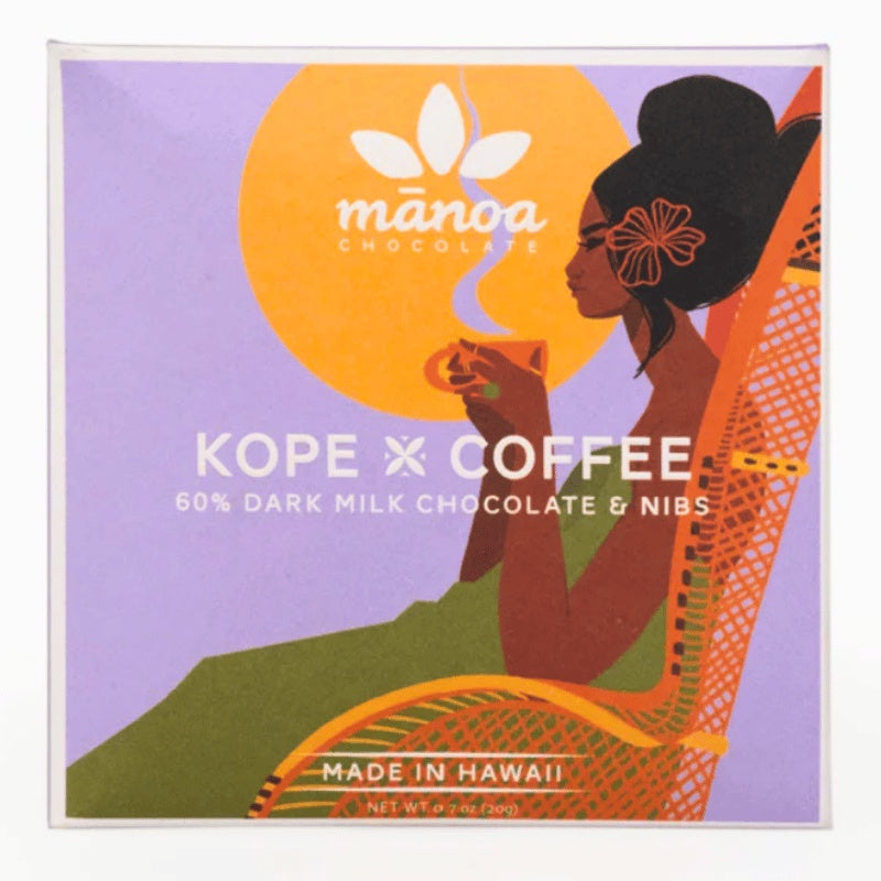 Chocolate packaging with a woman holding coffee, featuring the brand 'Mánoa Chocolates'.