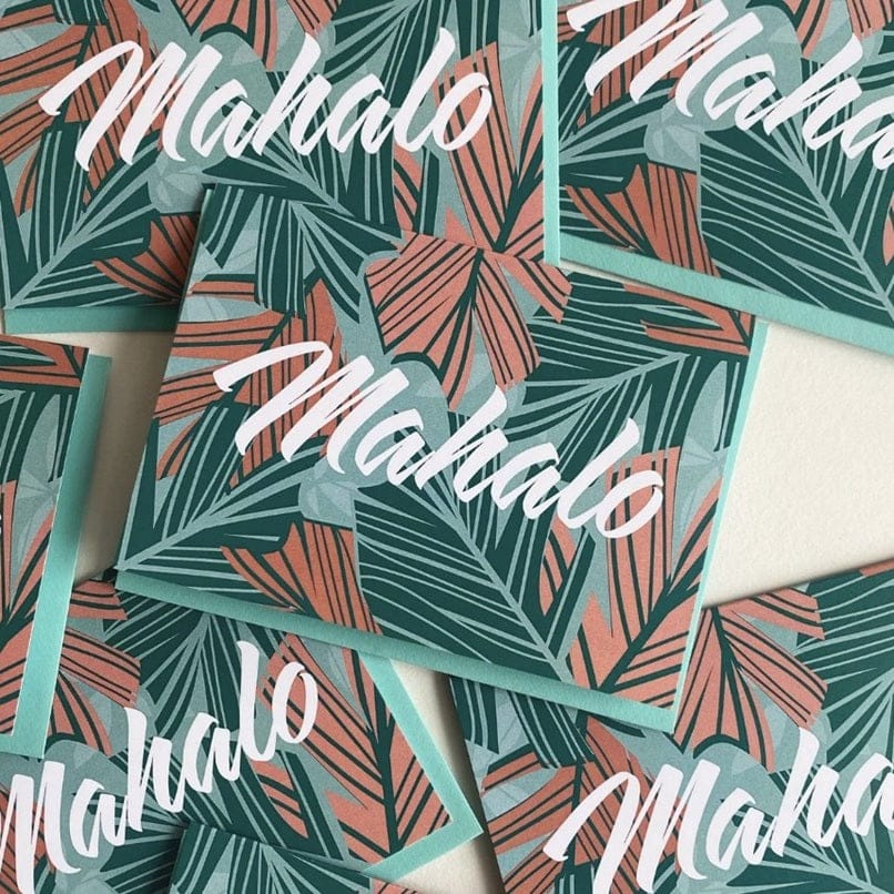 Matsumoto Studio Colorful / Mahalo (Thank You) Green & Pink Leaves Hawaiian Greeting Cards · Matsumoto Studio