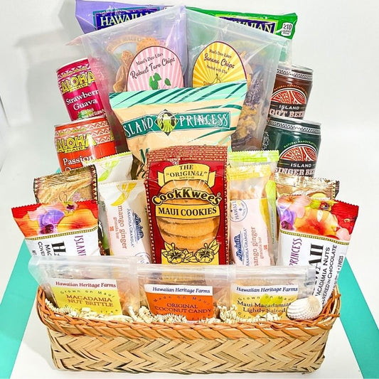 Basket of assorted snacks and treats with visible brand names on a white background