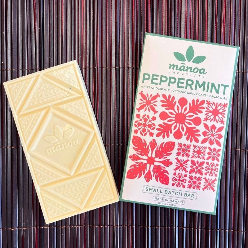 White Chocolate Peppermint Crunch Bar · Manoa Chocolate