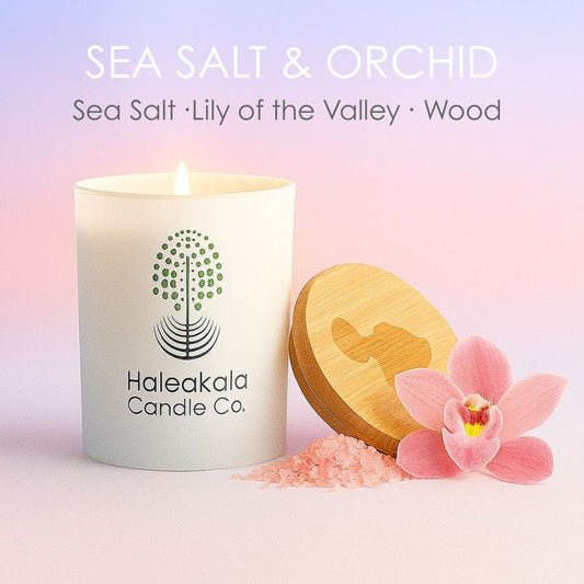 Haleakala Candle Co. candle with sea salt and orchid fragrance on a soft pink background