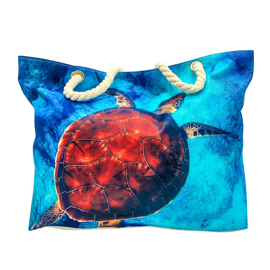 Sea Turtle in Blue Ocean beach bag with zipper closure and rope handles