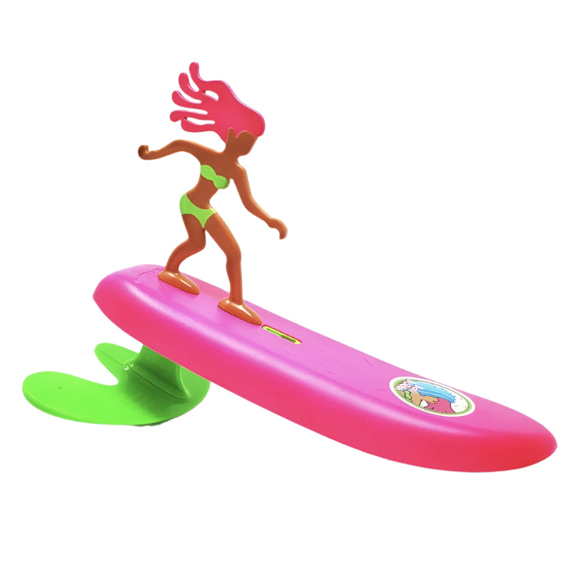 Toy surfboard with a figurine of a surfer on a white background