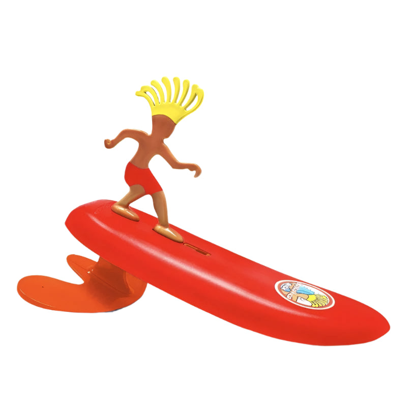 Red surfboard with a figurine on top, branded '3G', on a white background