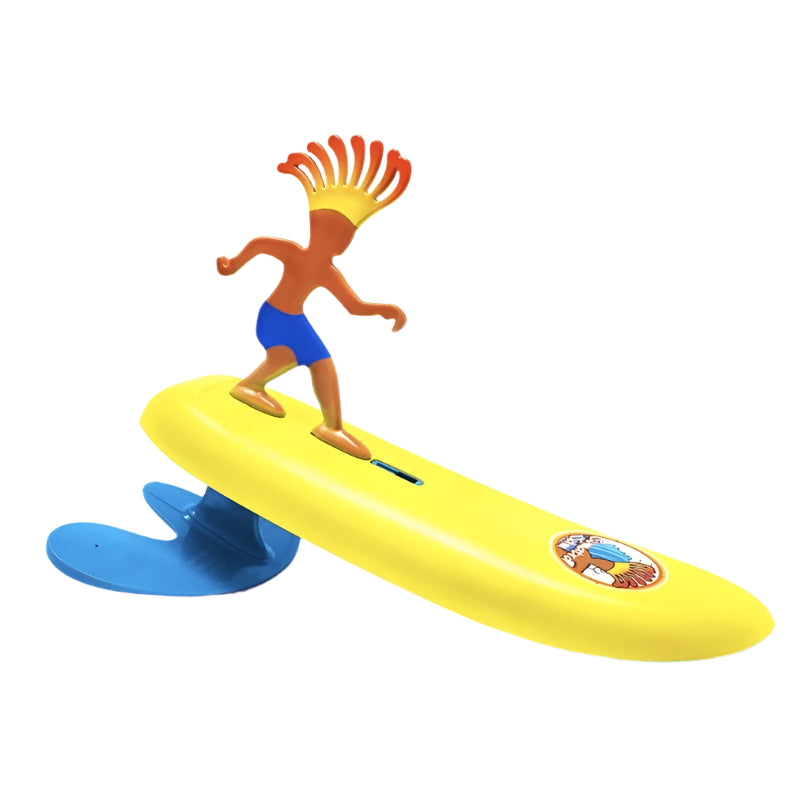 Toy surfboard with a surfer figure on a white background